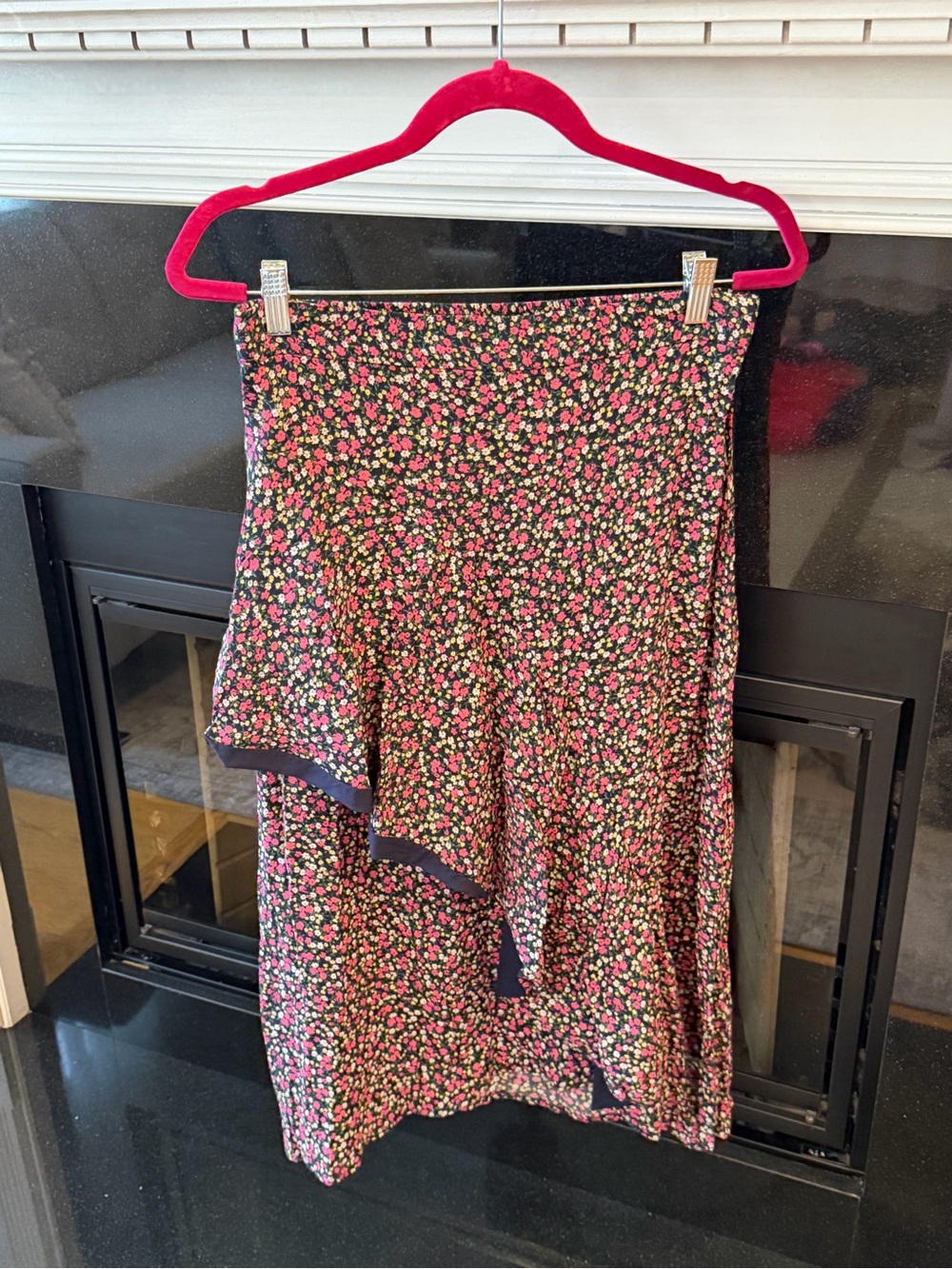 Rachel Zoe Black Floral Asymmetrical Midi Skirt with Pink Blossoms